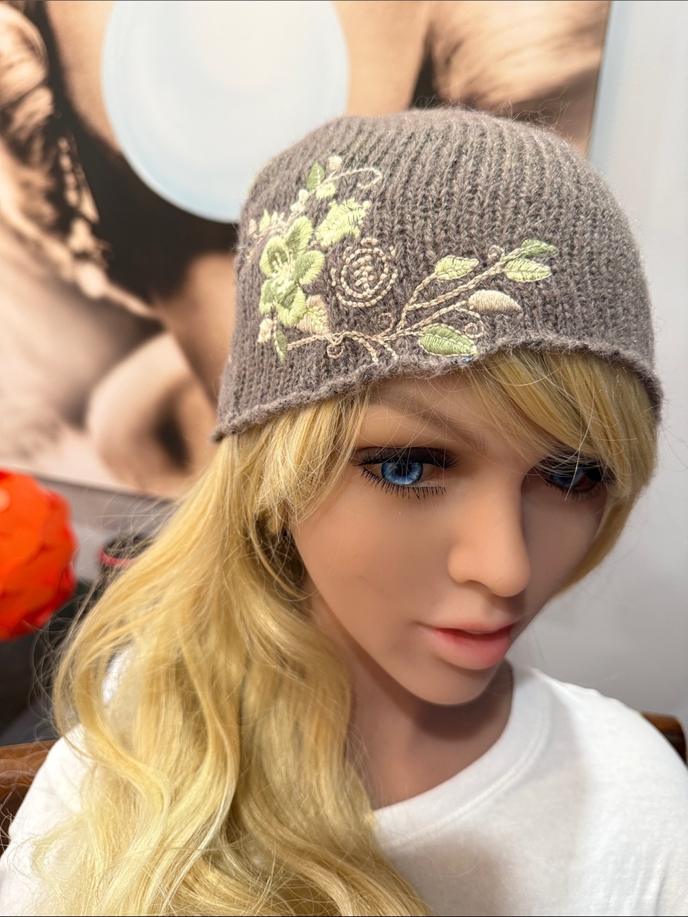 Element Women’s Wool Blend Embroidered Knit Beanie Brown Green Floral